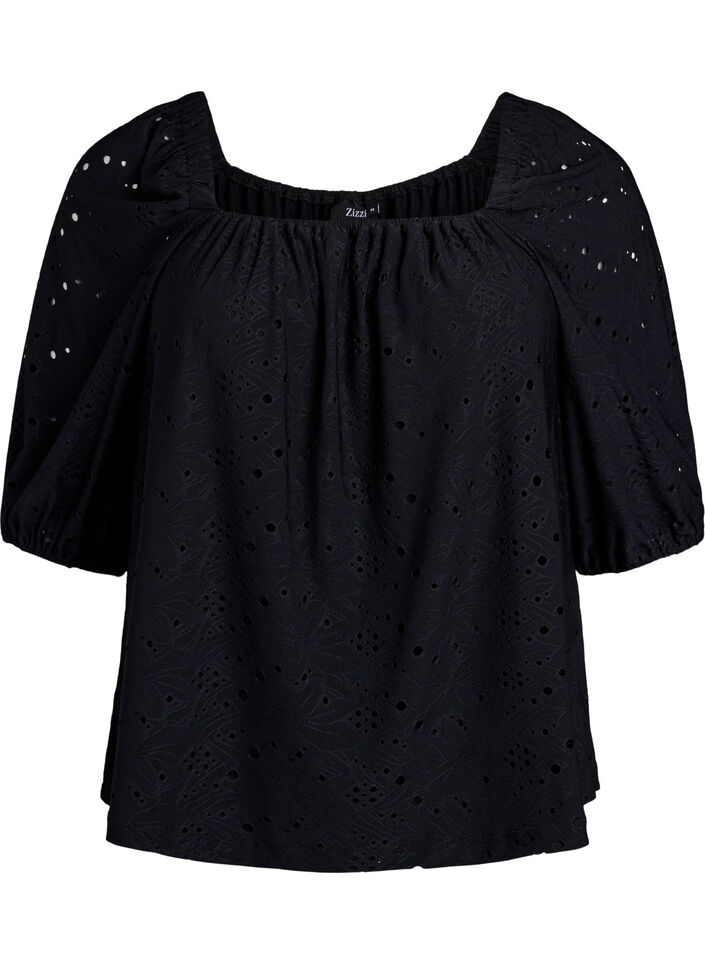 Blouse with short puff sleeves and an openwork pattern, Black, Packshot image number 0