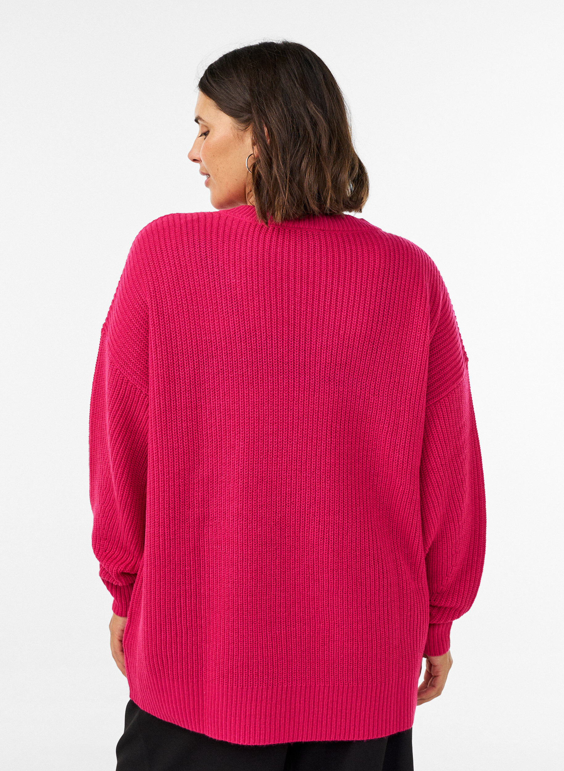 ZizzifashionLong rib-knit blouse with a V-neck, Pink, Model image number 2