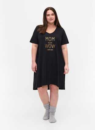 Short-sleeved cotton night dress, Black w. Copper MOM, Model image number 2