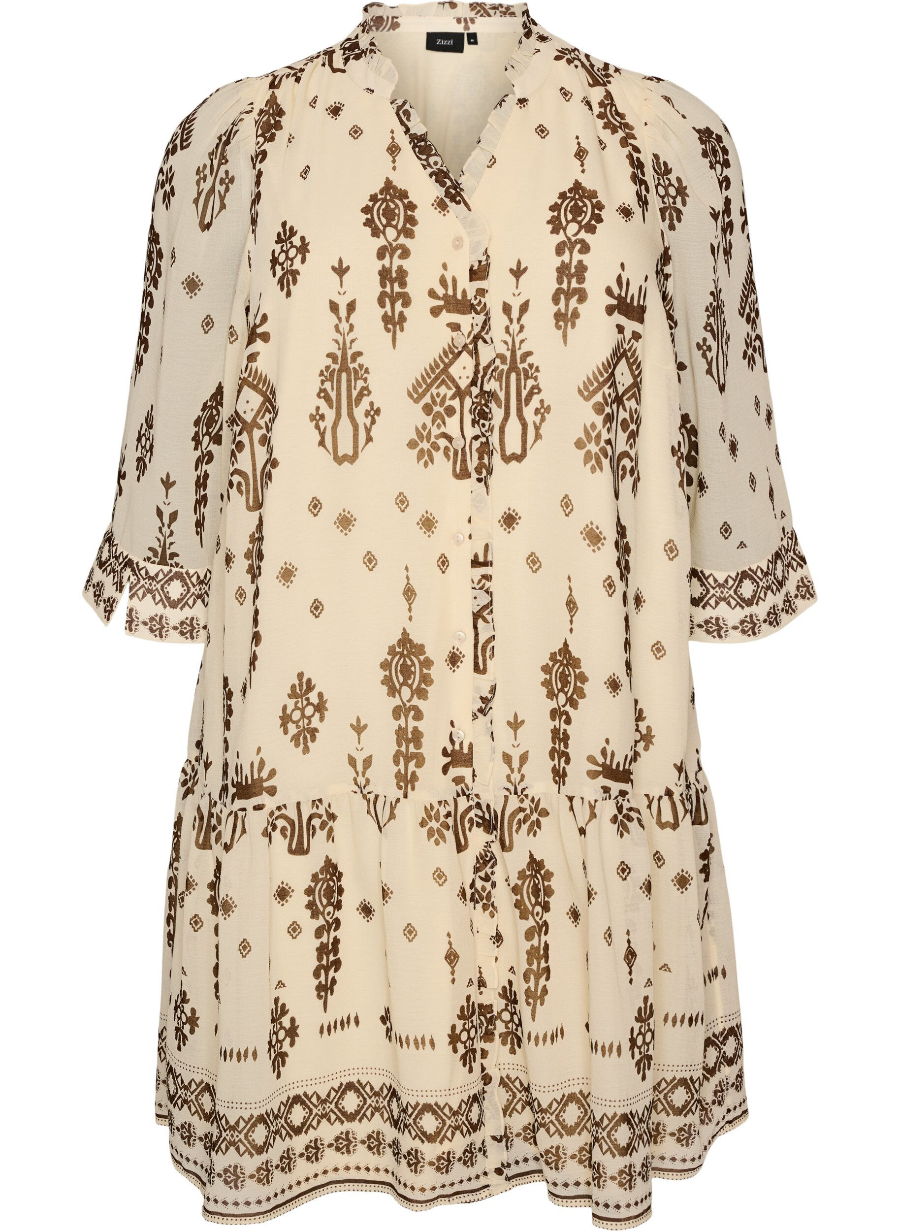 Zizzifashion Dress with ornament print and ruffle collar, Beige, Packshot image number 0