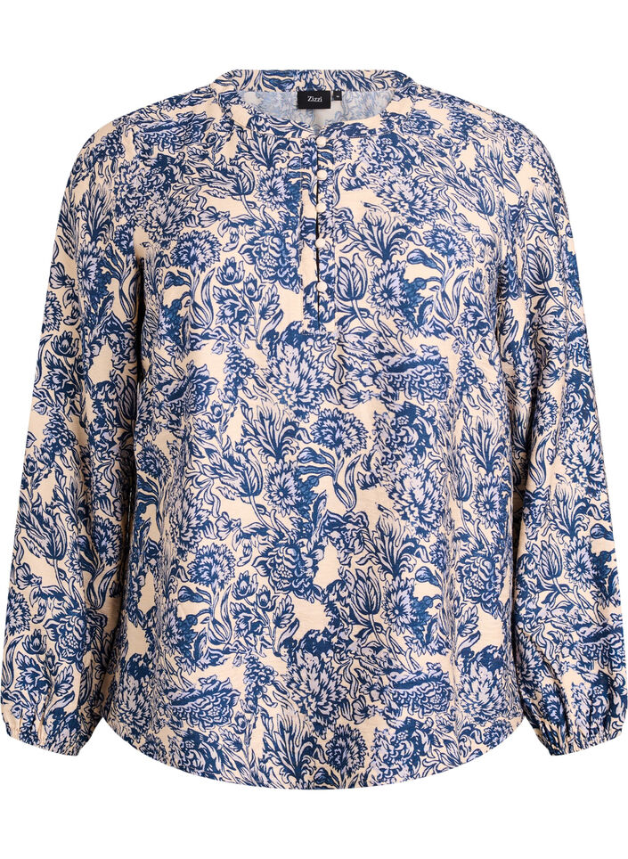 Long-sleeved blouse with pattern and buttons, Blue, Packshot image number 0