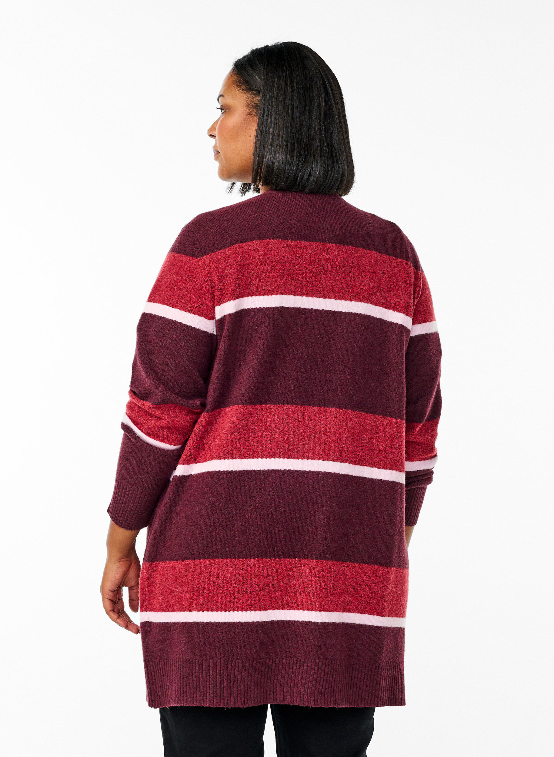 Zizzifashion Long knit cardigan with wide stripes, Dark Bordeaux, Model image number 2