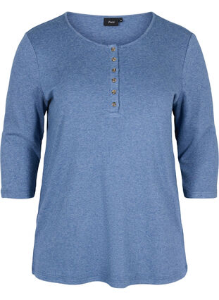 Plain blouse with buttons and 3/4 sleeves, Blue Melange, Packshot image number 0