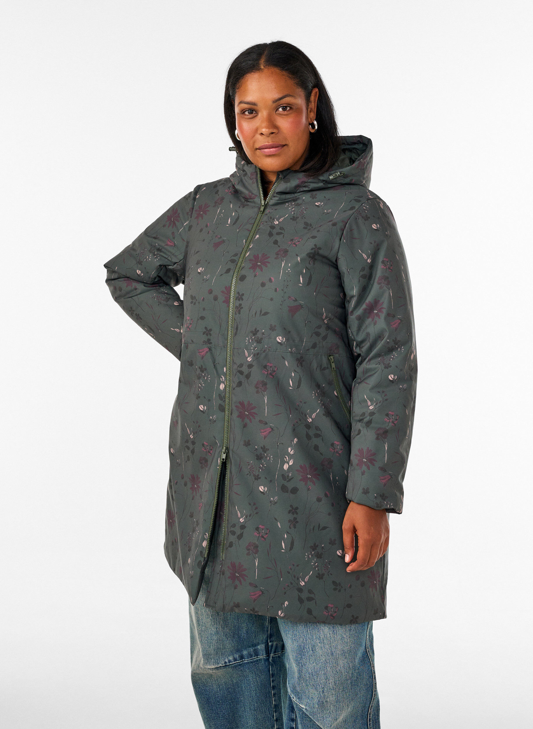 ZizzifashionPadded winter jacket with floral print, Green, Model image number 0