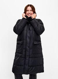 Long puffer jacket with pockets and hood, Black, Model
