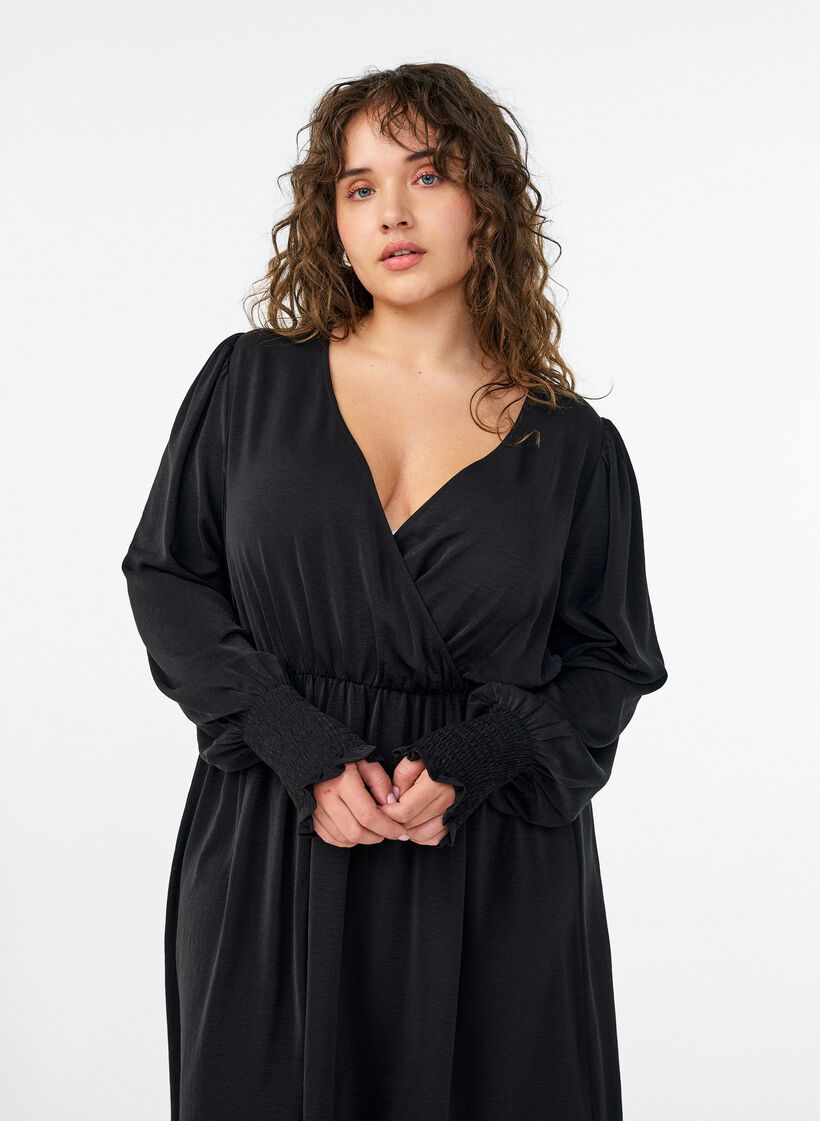 Midi dress with wrap-look and smock sleeves, Black, Model image number 3