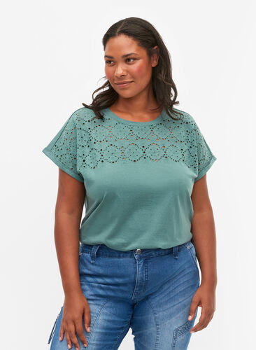 Loose t-shirt with embroidery anglaise, Sea Pine, Model image number 0