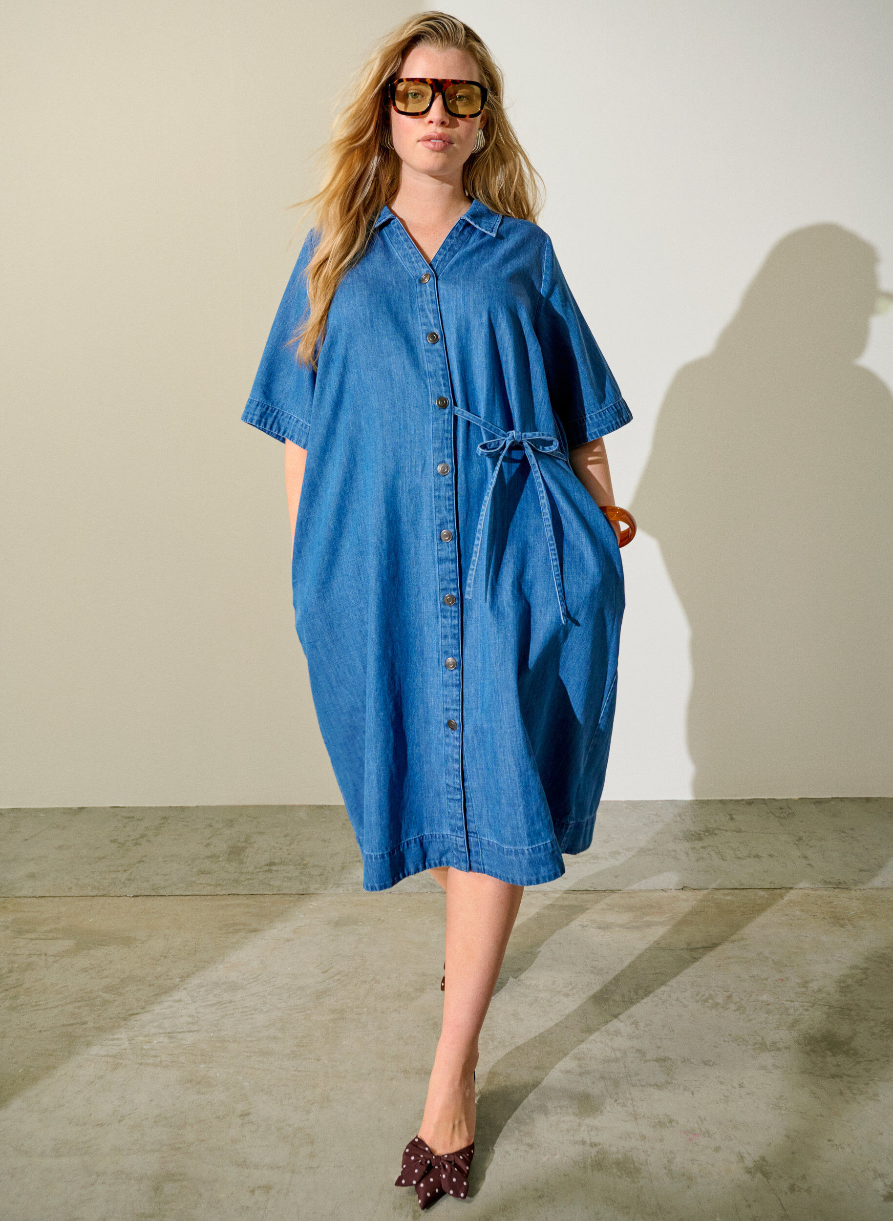 Denim dress with buttons and tie detail
