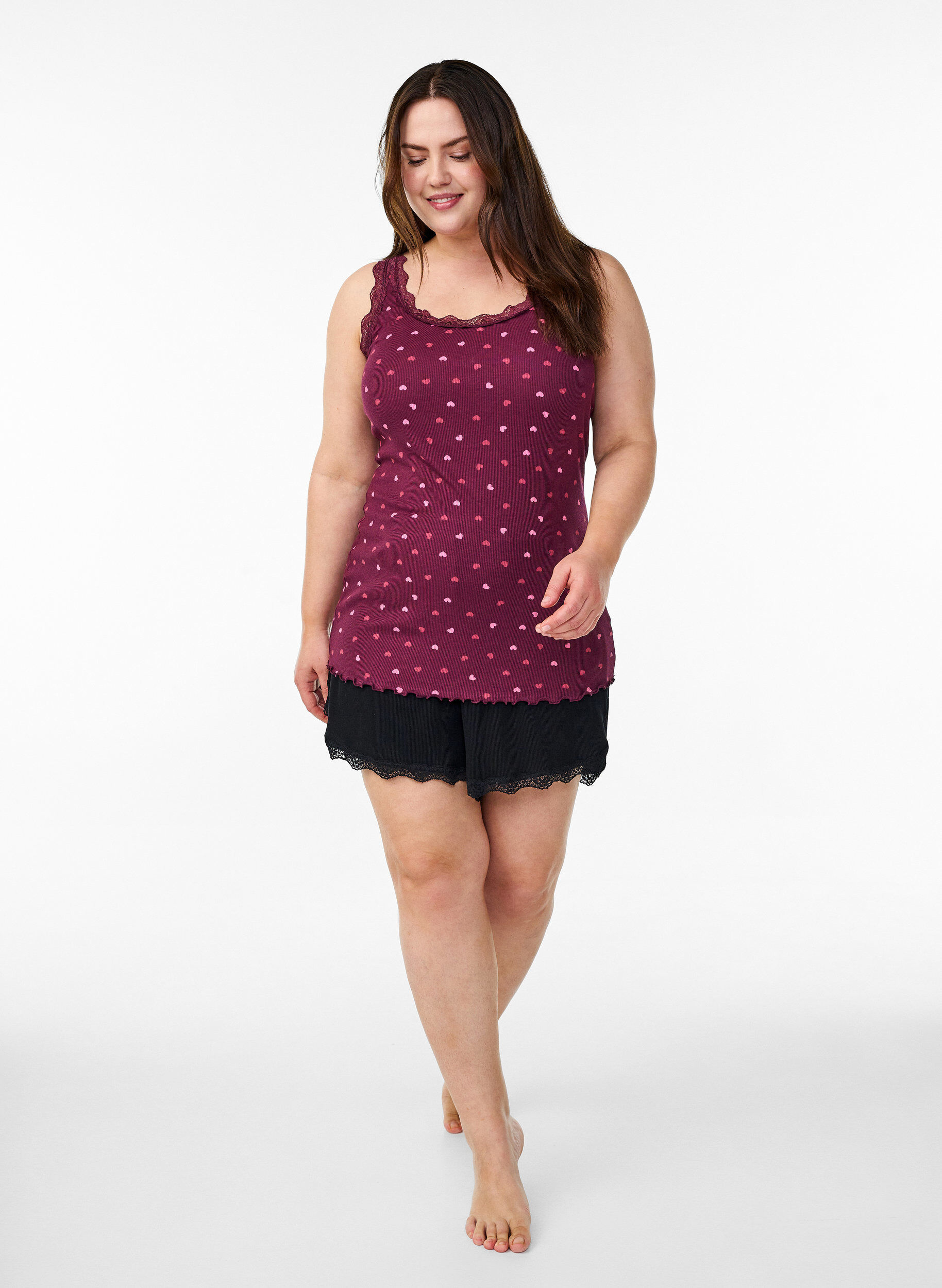Zizzifashion Top with print and lace edge, Dark Bordeaux, Model image number 1