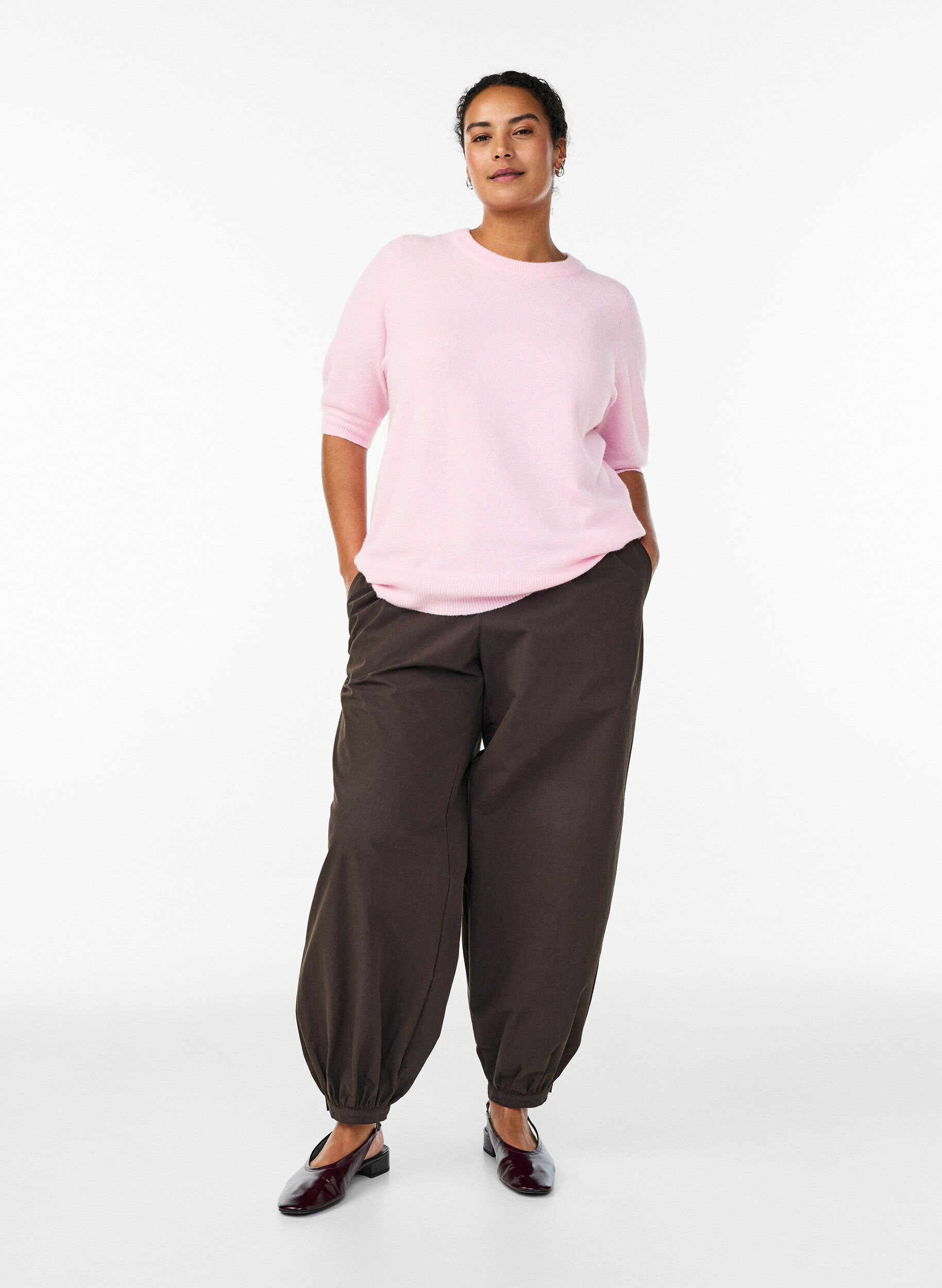 Zizzifashion Knitted blouse with short sleeves, Pink, Model image number 1