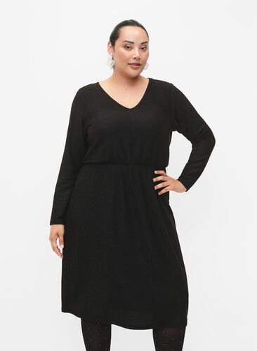 Glitter dress with V-neck, Black Black, Model image number 0