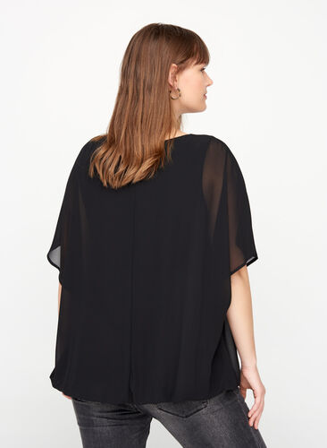 Short blouse with loose mesh sleeves, Black, Model image number 1