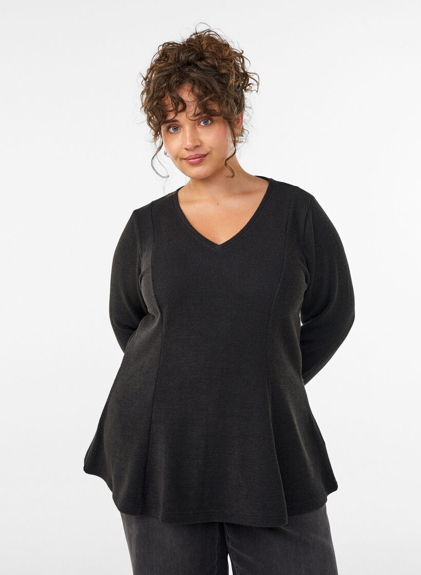 Jersey blouse with a ribbed texture and an A-line fit, Black, Model image number 0