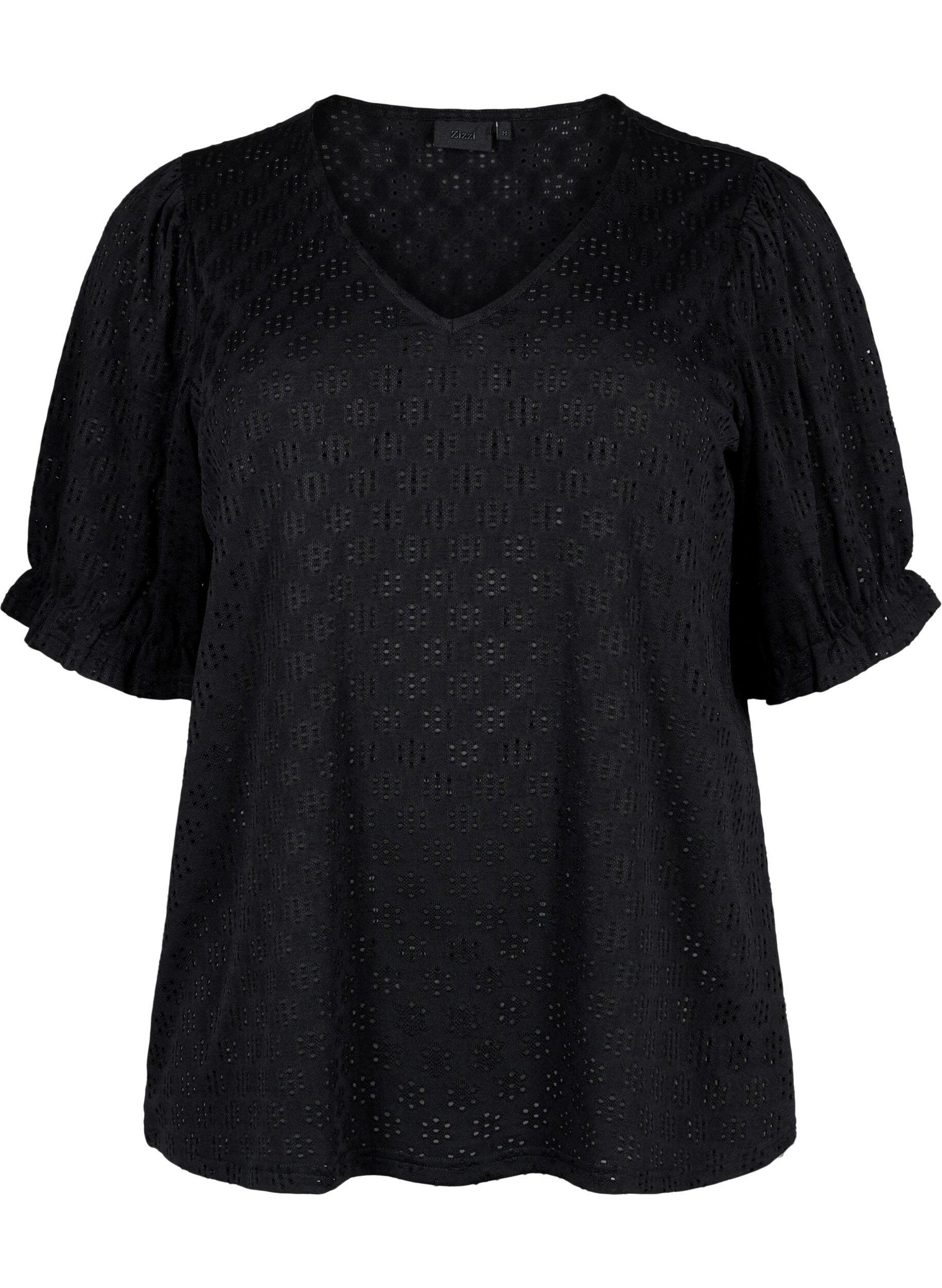 Zizzifashion V-neck blouse with hole pattern, Black, Packshot image number 0