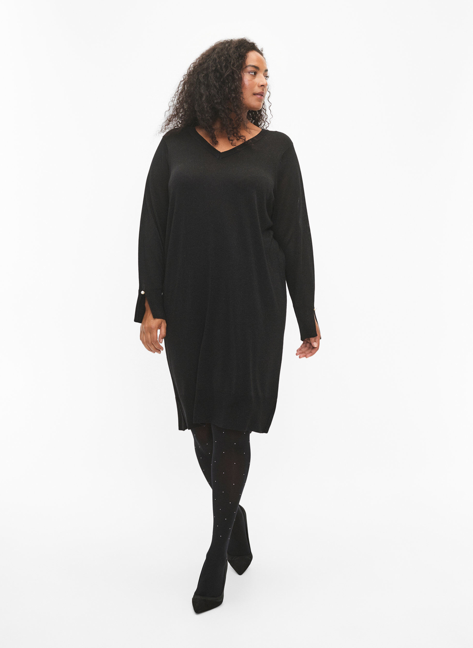 Zizzifashion Viscose knit dress with glitter and slits, Black w. DTM Lurex, Model image number 3