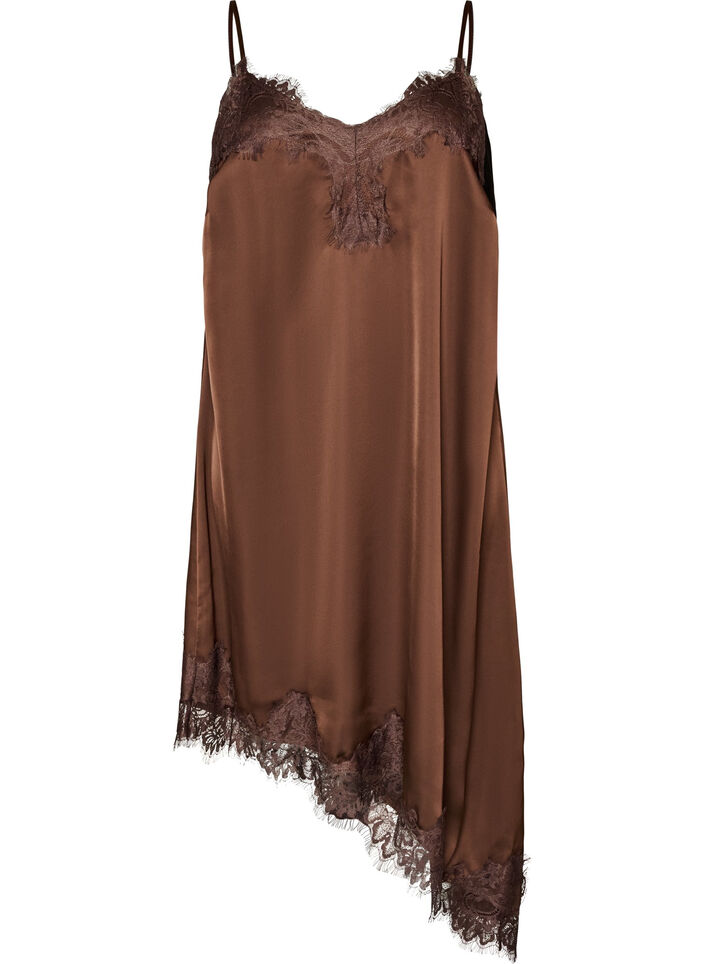 Satin dress with lace and an asymmetrical hem, Brown, Packshot image number 0