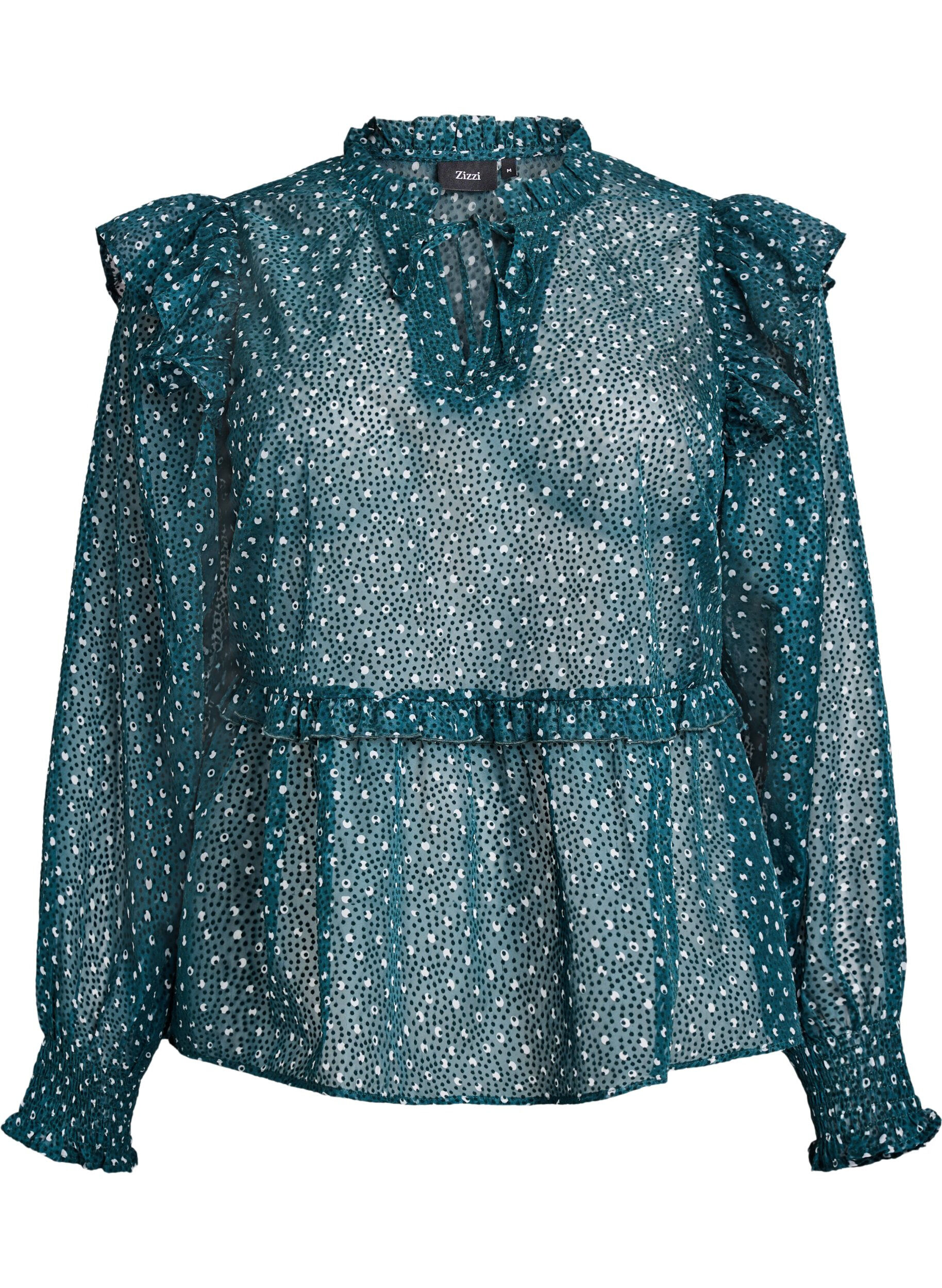Chiffon blouse with ruffle details and small dots