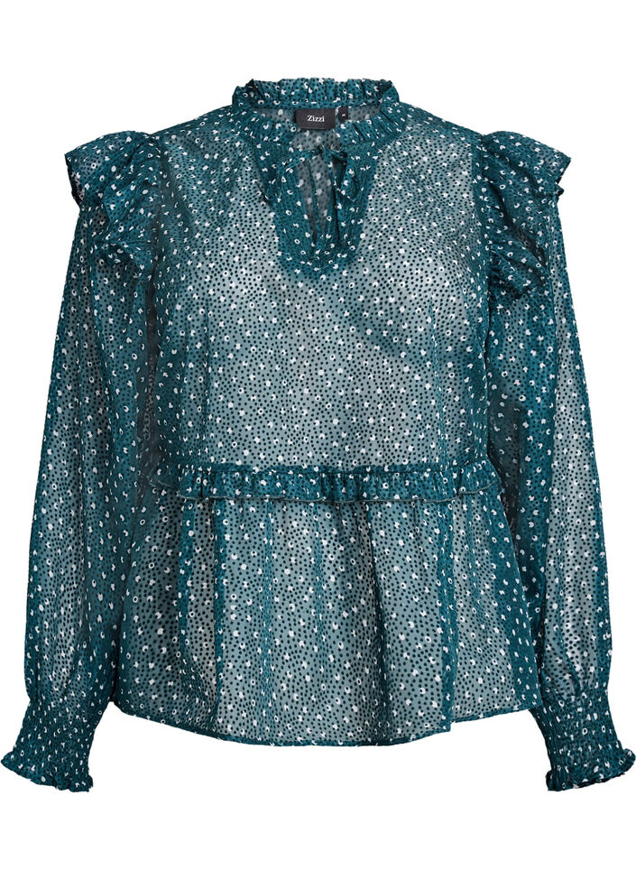 Chiffon blouse with ruffle details and small dots, Green, Packshot image number 0