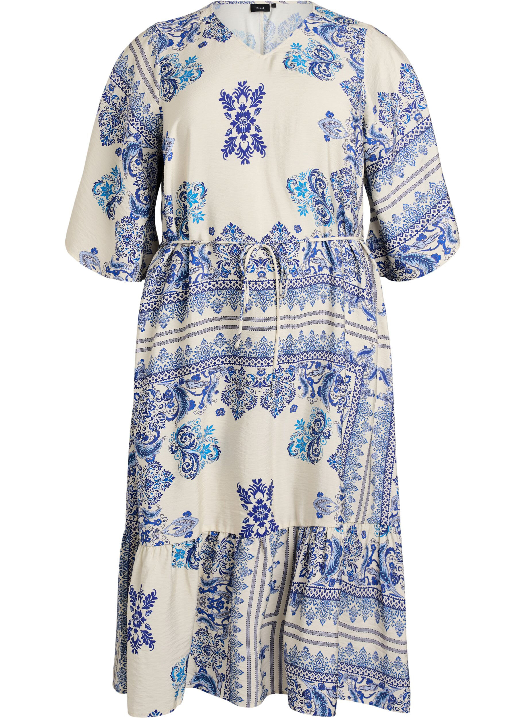 Patterned midi dress in viscose with tie belt