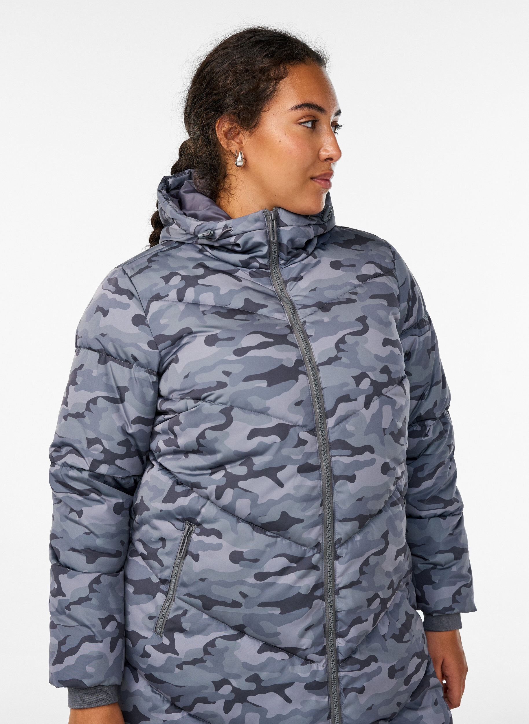 ZizzifashionLong camouflage puffer jacket, Dark Grey, Model image number 3