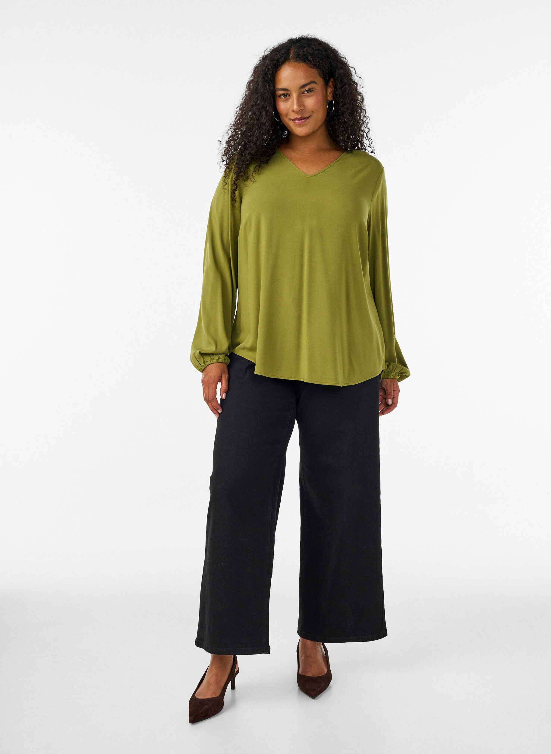 ZizzifashionViscose blouse with a V-neck and long sleeves, Green, Model image number 1