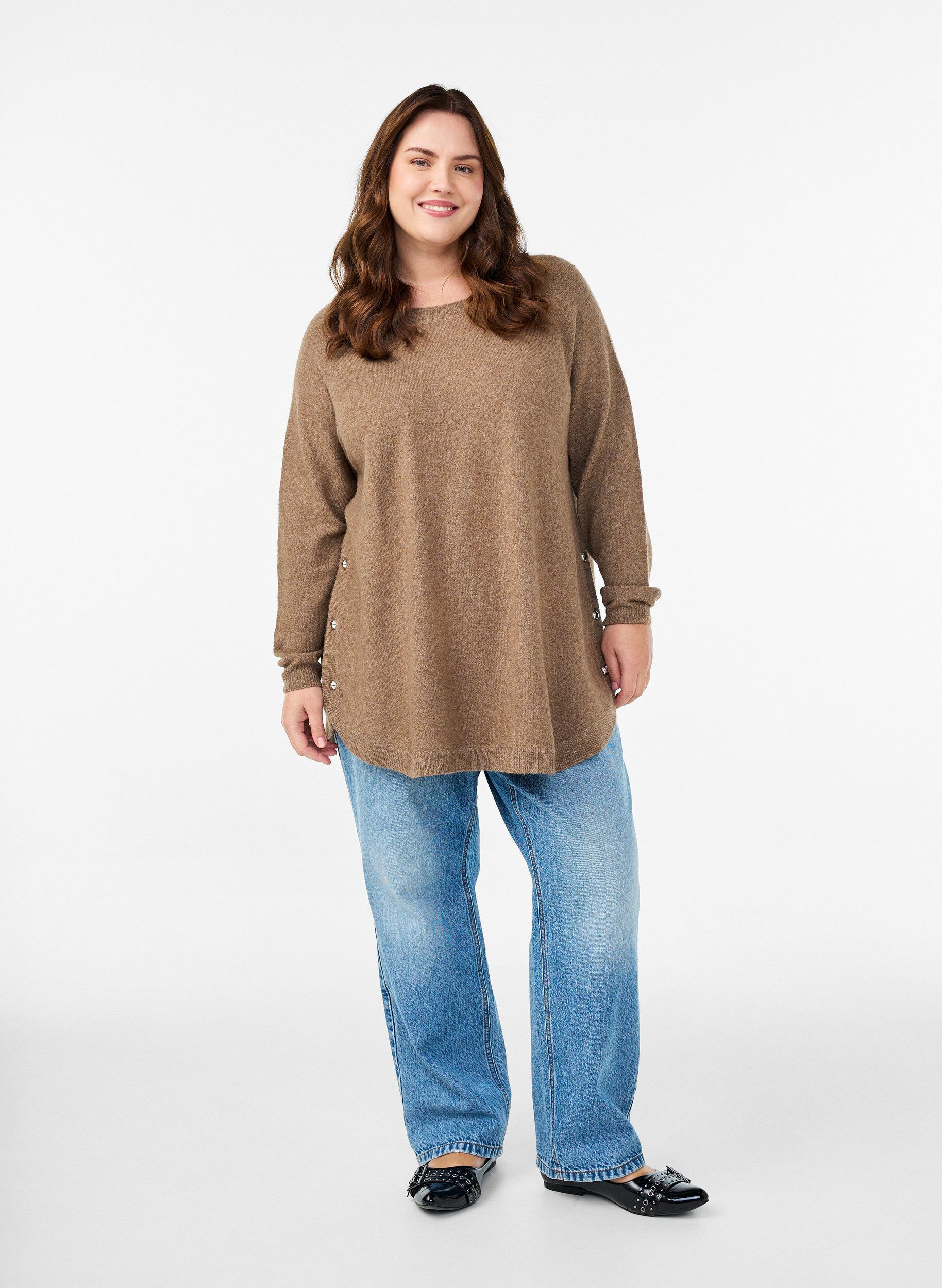 ZizzifashionLong knitted blouse with ball buttons, Brown, Model image number 1