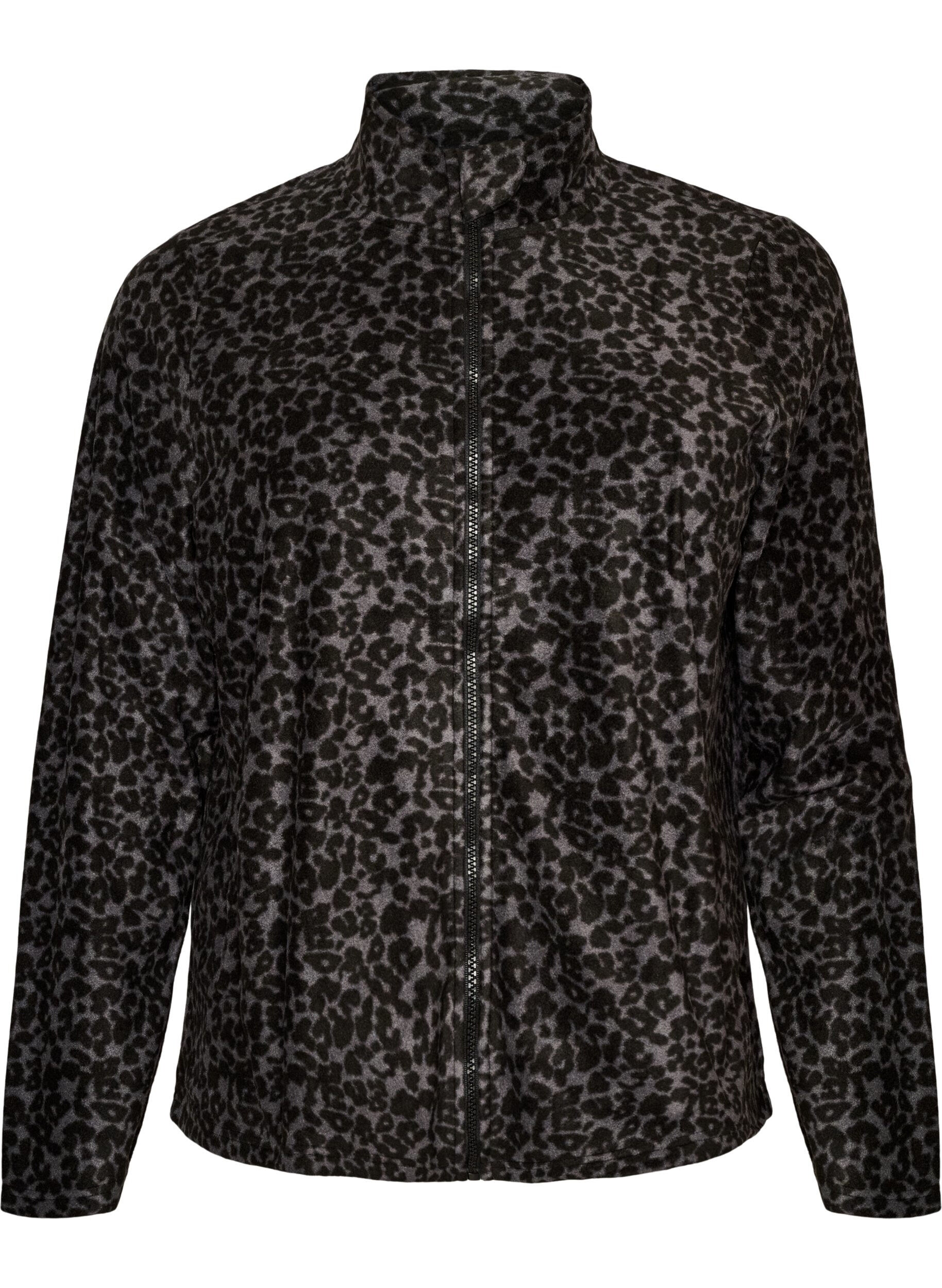 ZizzifashionFleece jacket with leopard print and a high collar, Black, Packshot image number 0