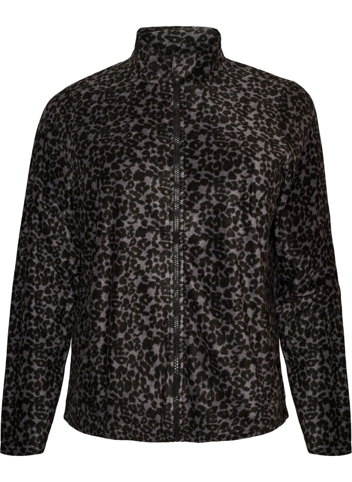 Fleece jacket with leopard print and a high collar, Black, Packshot image number 0