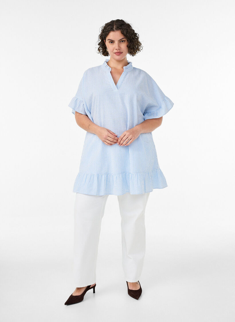 Cotton tunic with stripes and ruffle details, Light Blue, Model image number 1