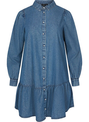 Puff sleeve denim tunic with pearl buttons, Blue denim, Packshot image number 0