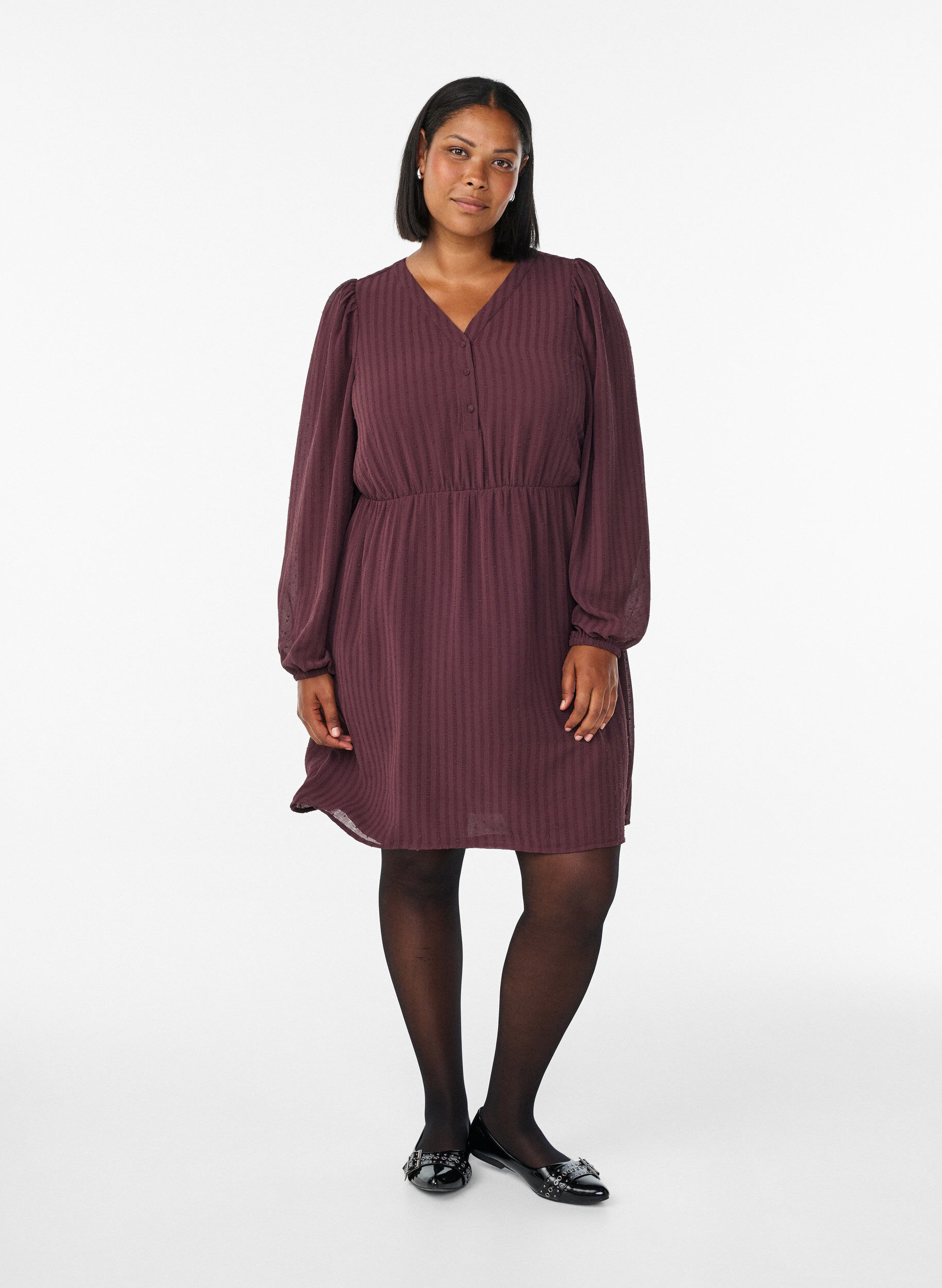 Zizzifashion Short dress with tonal stripes and textured spots, Dark Bordeaux, Model image number 1