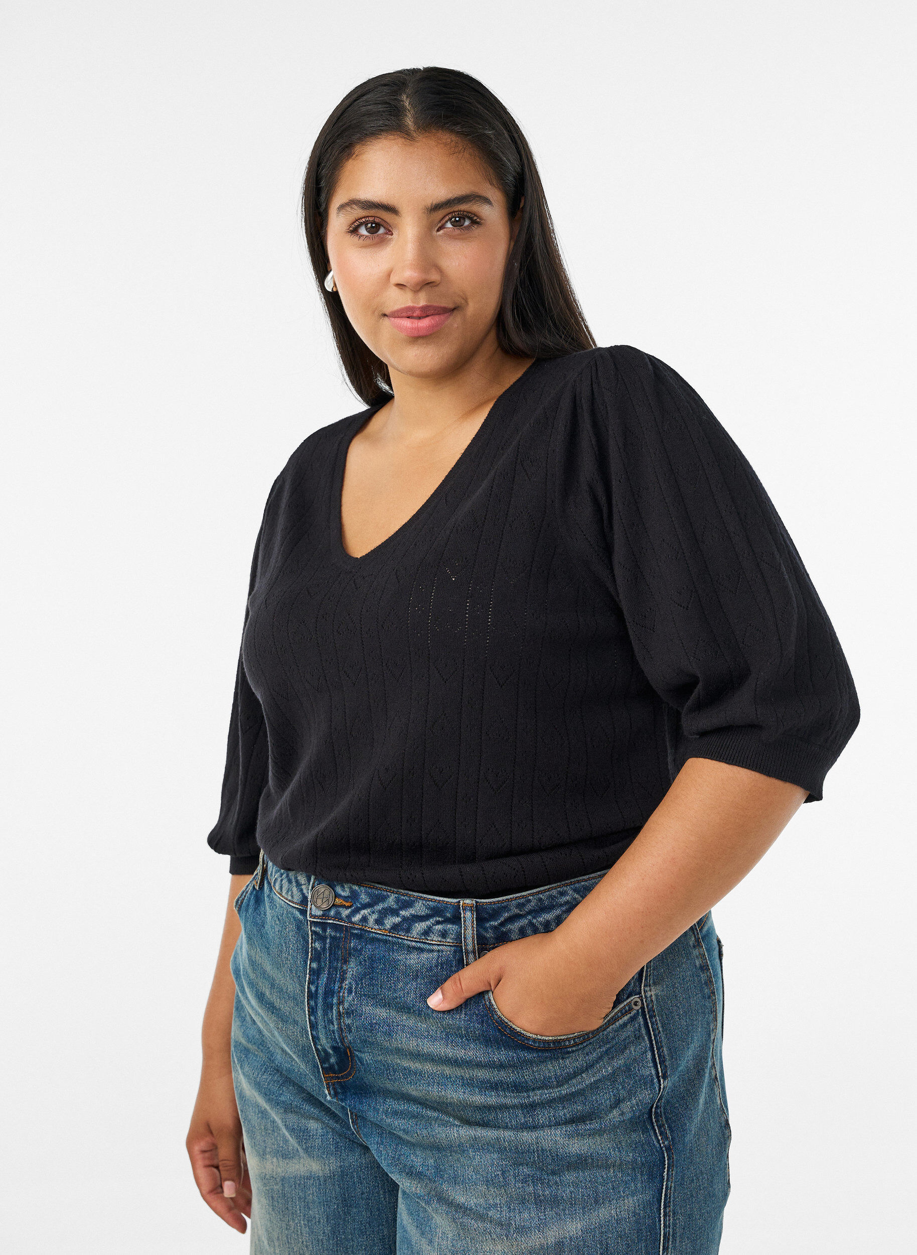 ZizzifashionShort-sleeved knit blouse with a pointelle pattern, Black, Model image number 0