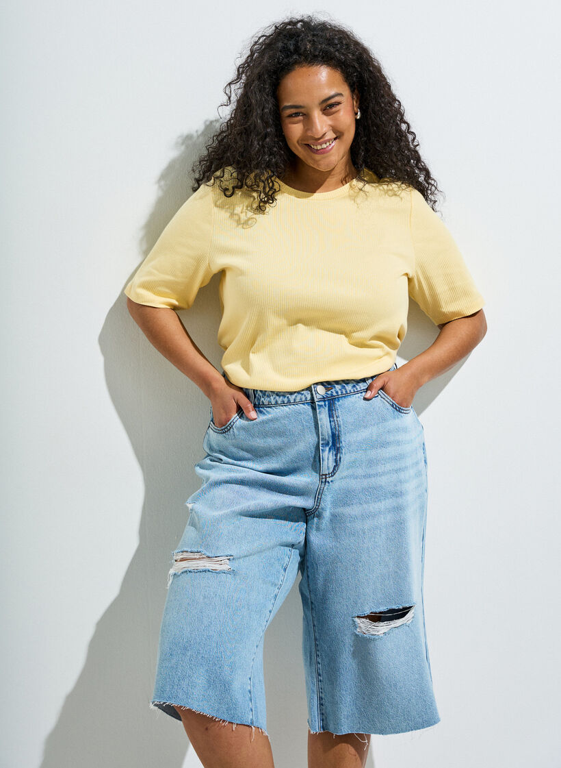 Ribbed jersey blouse with short sleeves, Yellow, Image image number 0