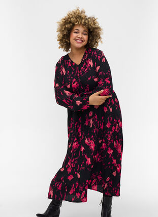 Printed viscose midi dress with buttons, Black Pink AOP, Model image number 2