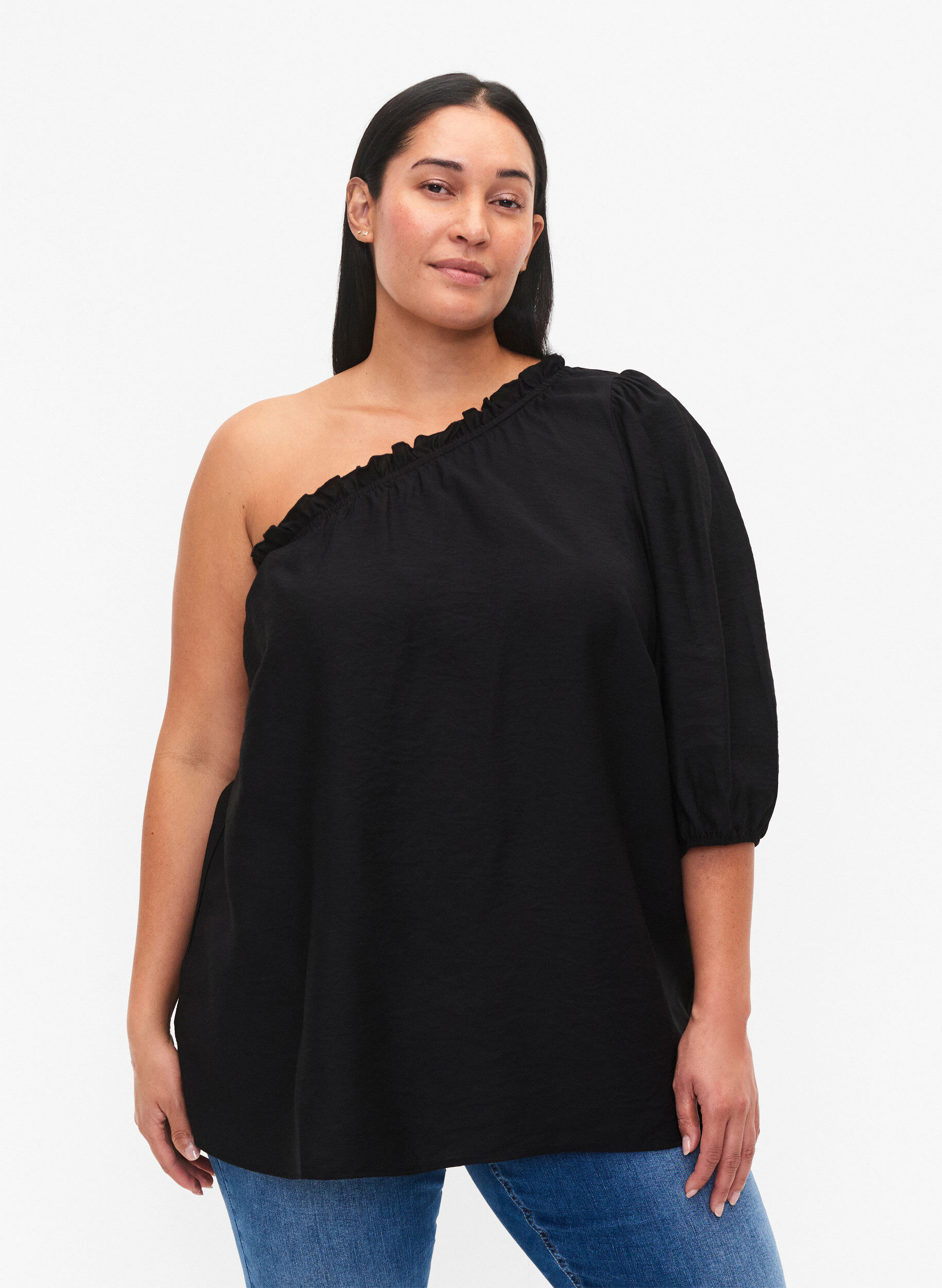 Zizzifashion One-shoulder blouse in viscose, Black, Model image number 0