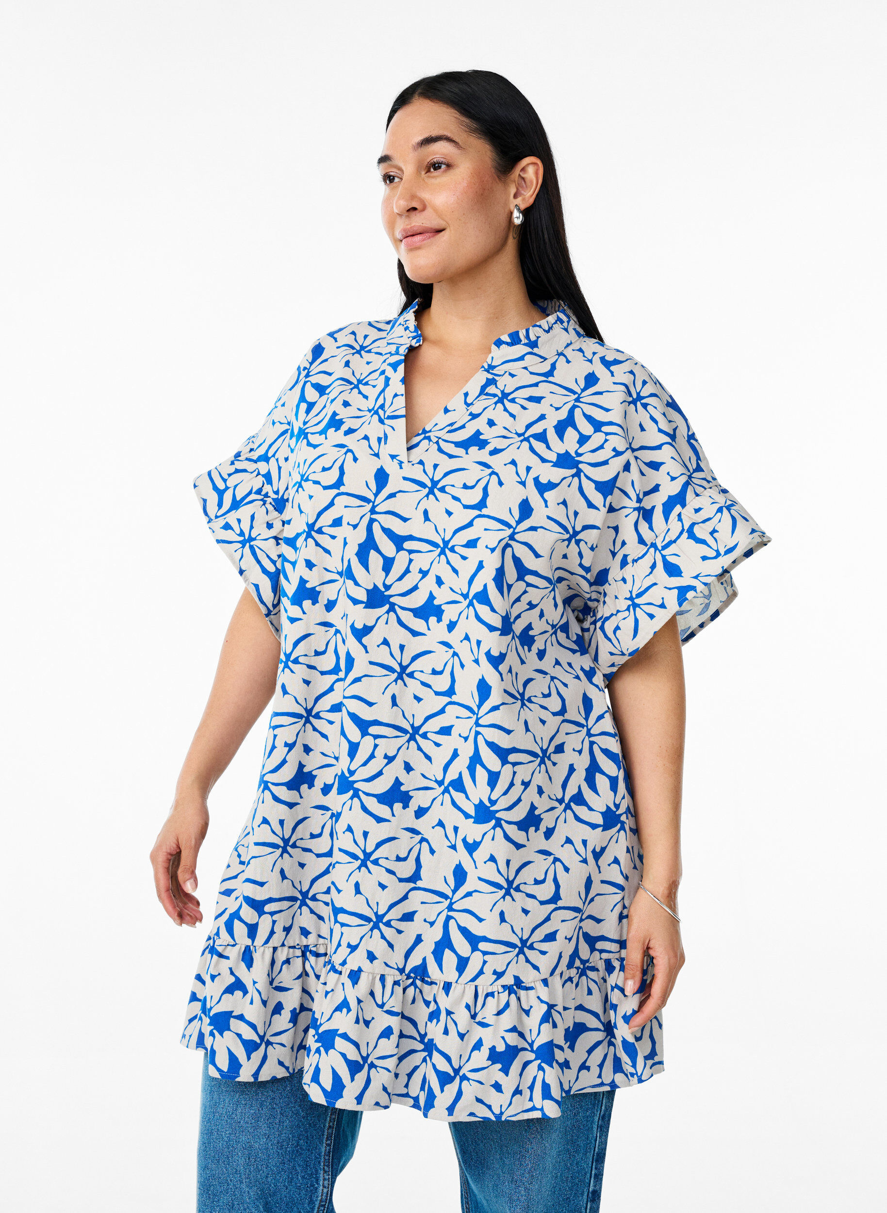 Zizzifashion Tunic with V-neck and ruffle details, Blue, Model image number 0