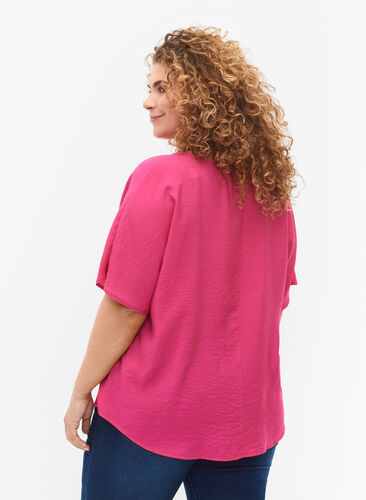 Short-sleeved viscose blouse with v-neck, Beetroot Purple, Model image number 1