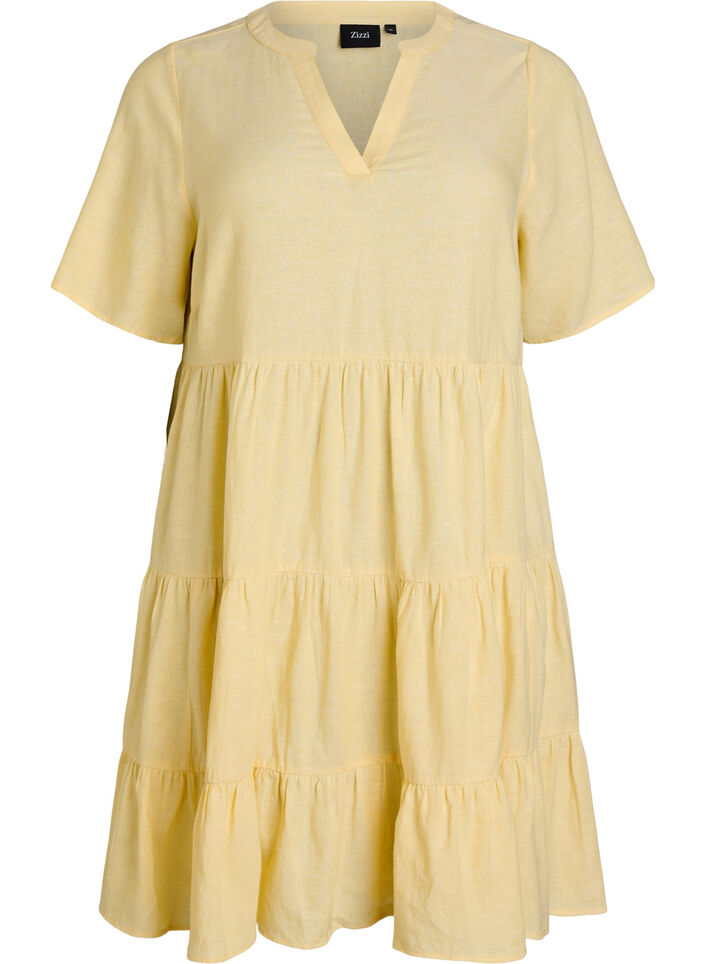 Knee-length A-line dress in linen and viscose, Yellow, Packshot image number 0
