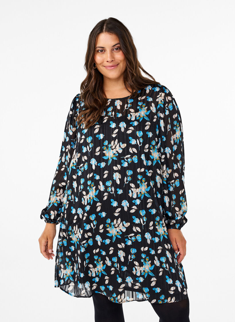 Short printed dress with a round neck, Black Blue Fl. AOP, Model image number 0