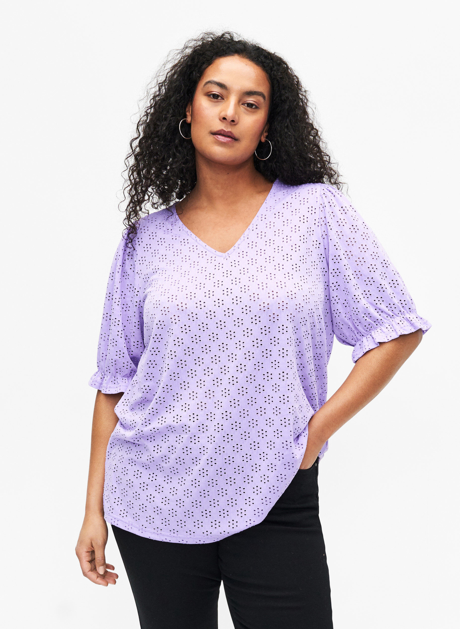 Zizzifashion V-neck blouse with hole pattern, Viola, Model image number 0