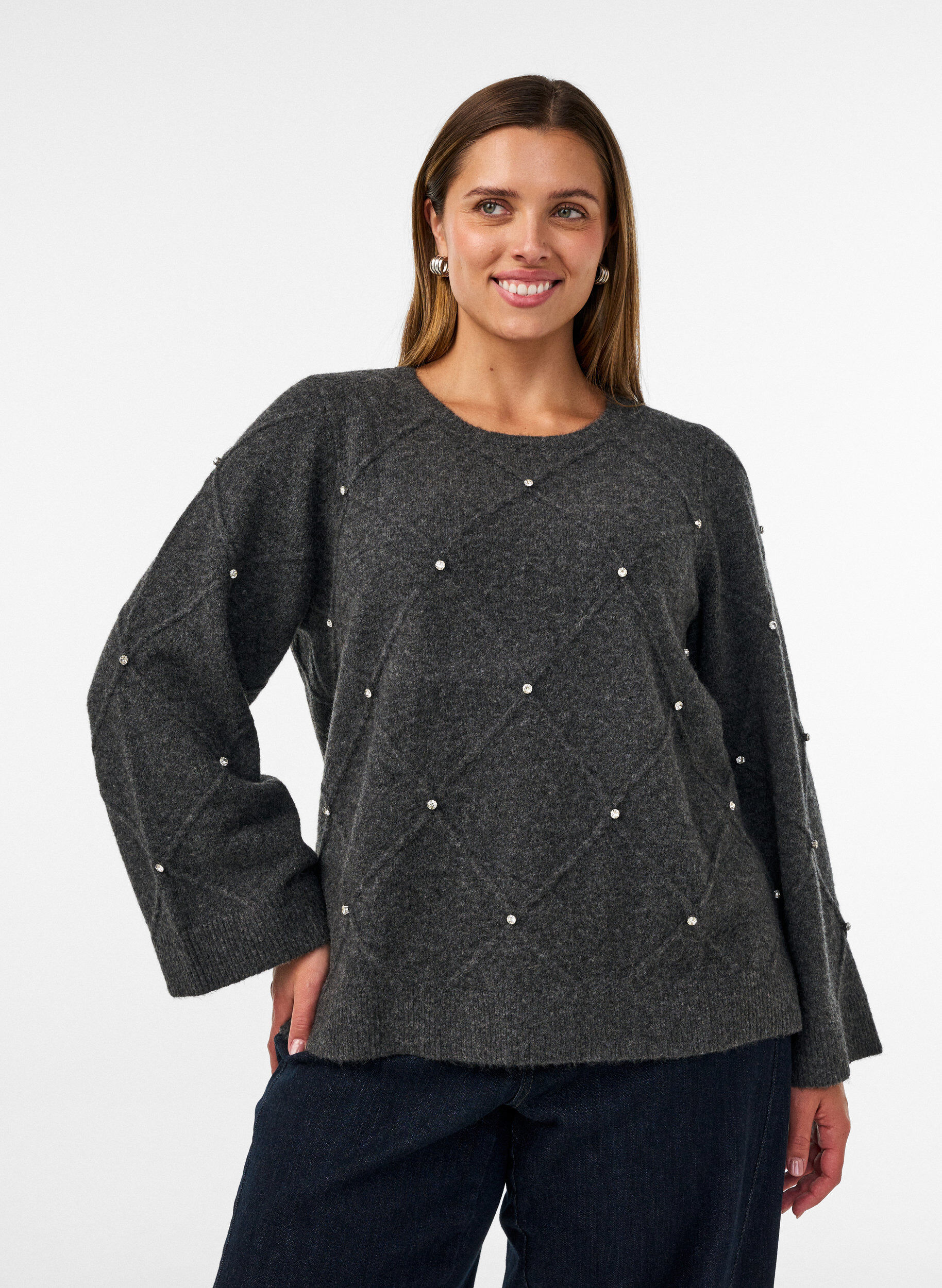 ZizzifashionKnitted blouse with rhinestones and diamond pattern, Dark Grey, Model image number 0
