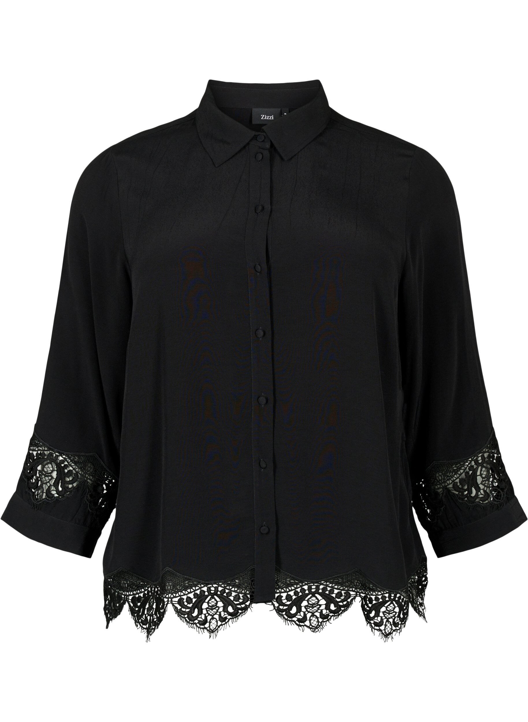 Zizzifashion Viscose shirt with 3/4 sleeves and embroidery details, Black, Packshot image number 0