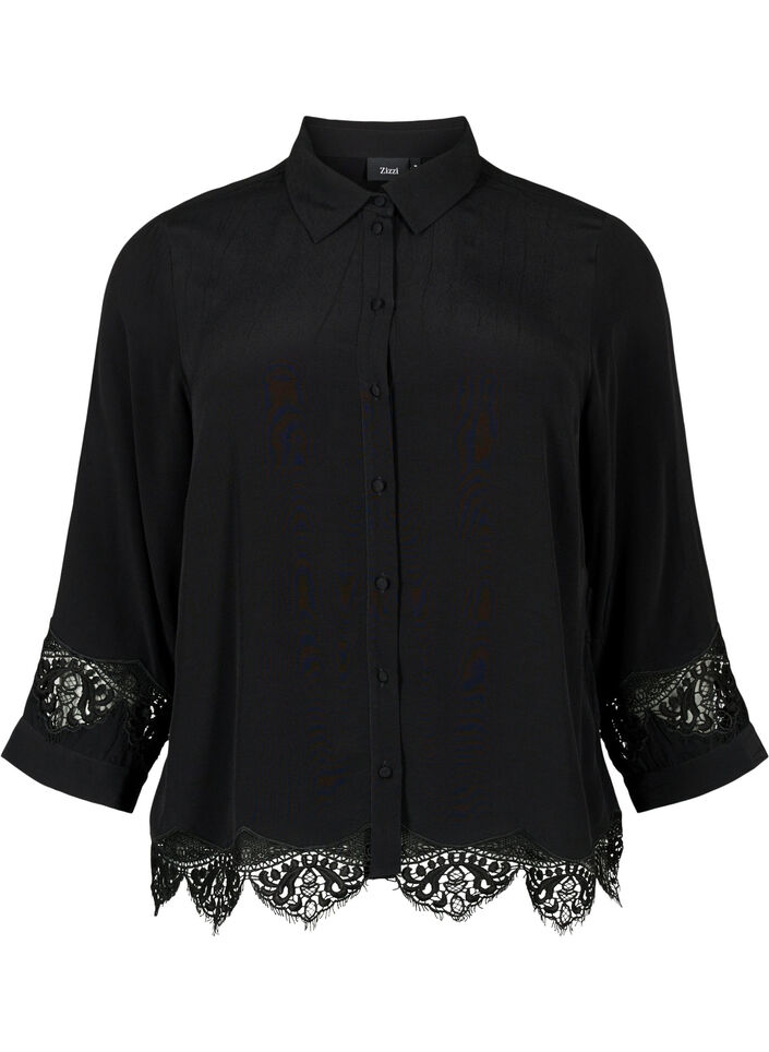 Viscose shirt with 3/4 sleeves and embroidery details, Black, Packshot image number 0