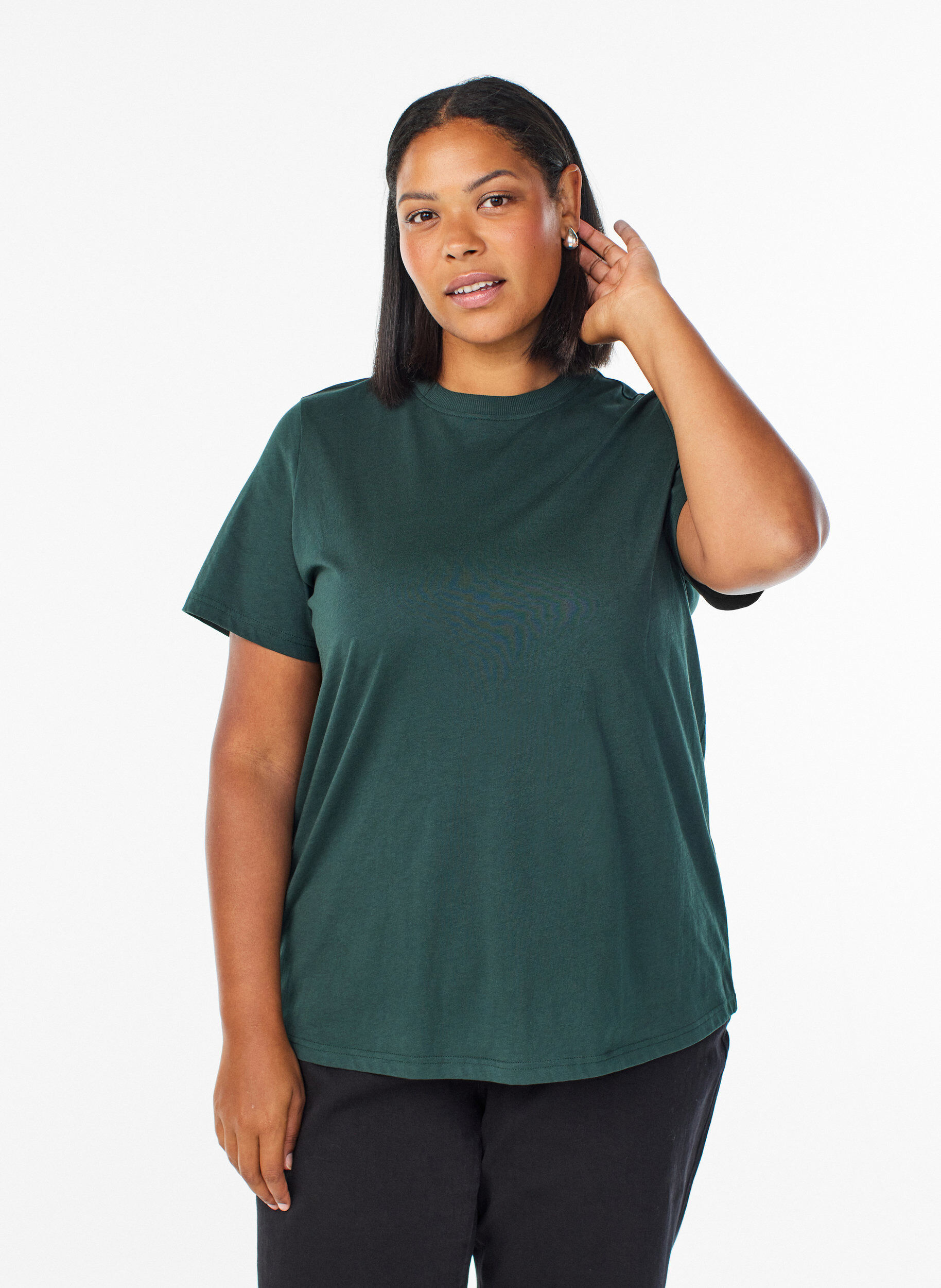 Basic cotton T-shirt with round neck, Green, Model
