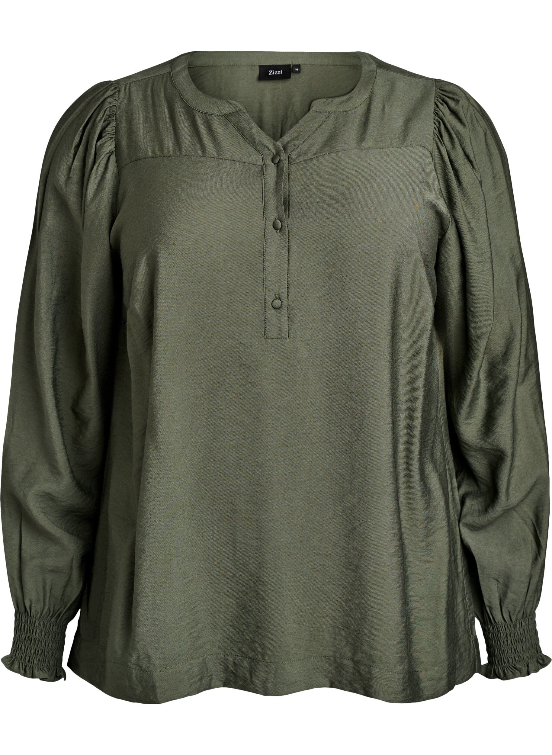 Zizzifashion Viscose blouse with smock and gathered details, Green, Packshot image number 0