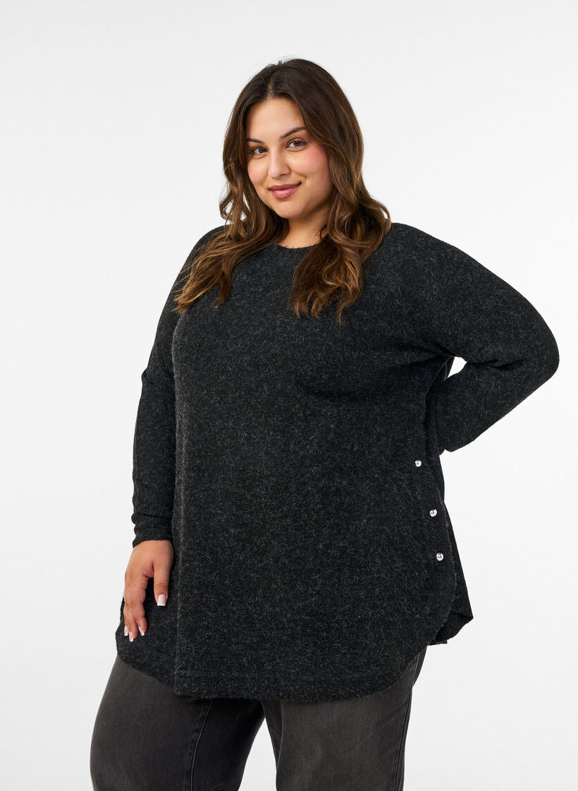 Long knitted blouse with ball buttons, Dark Grey, Model image number 0