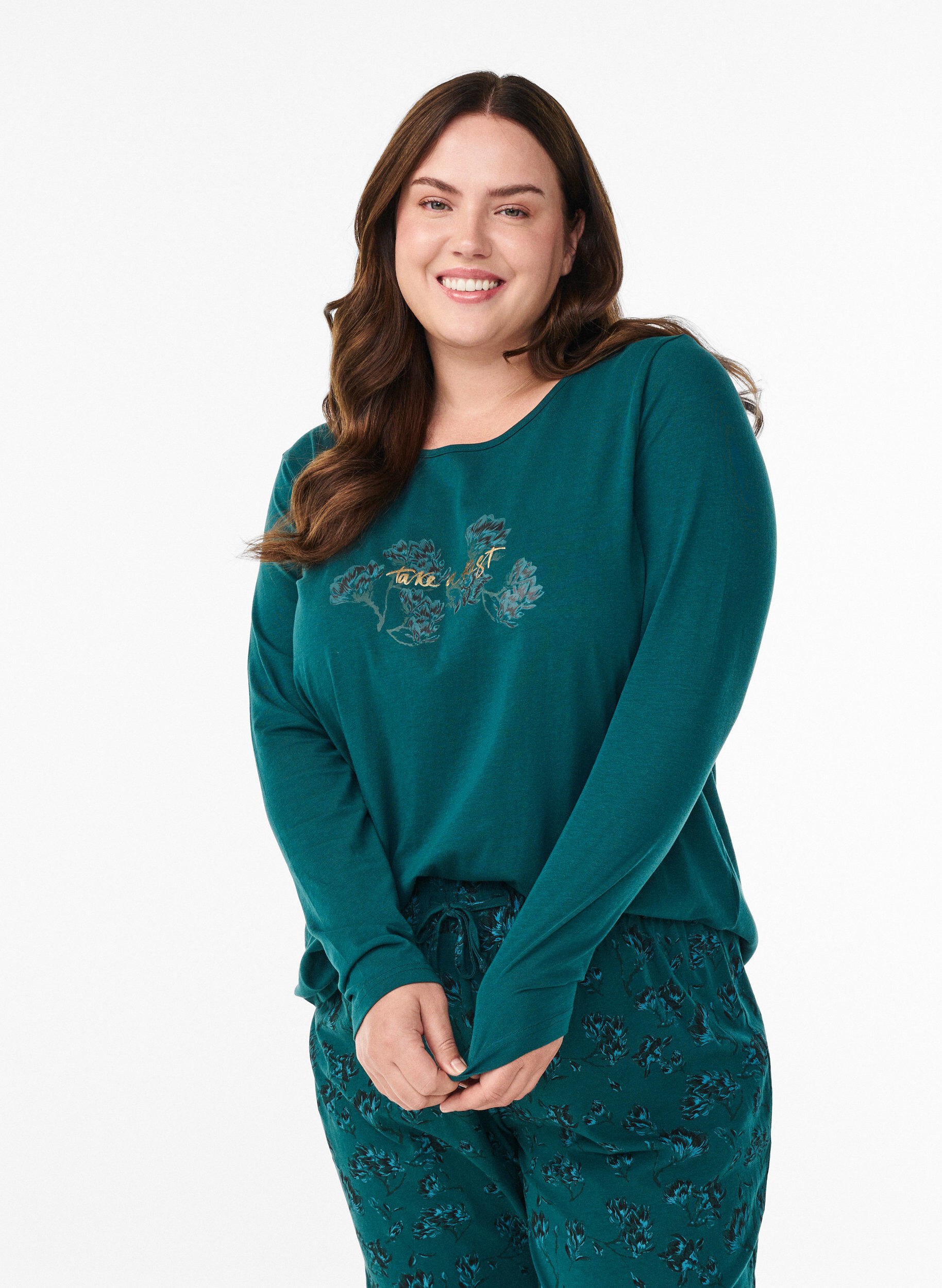 Night top in cotton with front print, Turquoise, Model