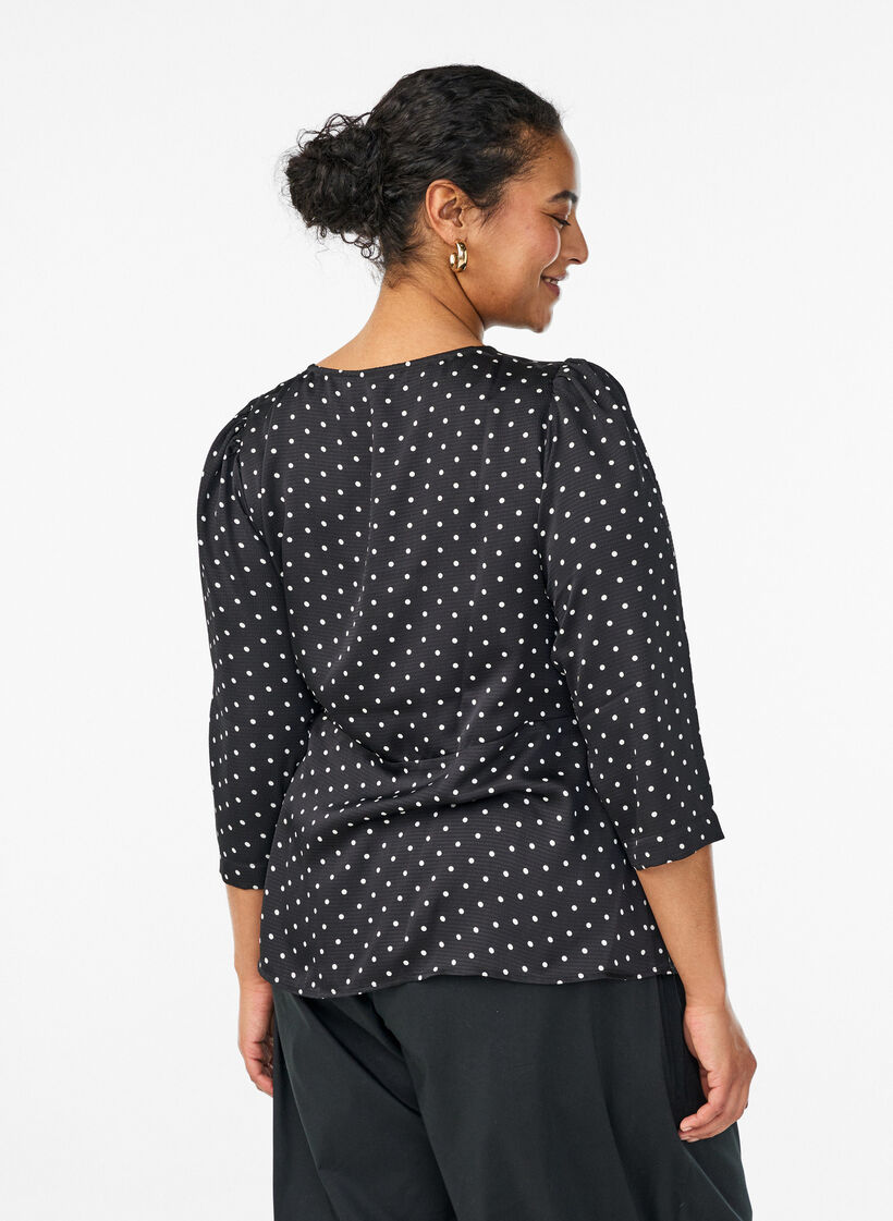 Polka dot blouse with tie-fastening and 3/4-sleeves, Black, Model image number 2