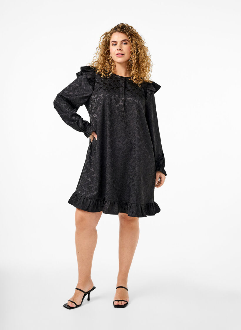 Jacquard dress with long sleeves and ruffle detail, Black, Model image number 1