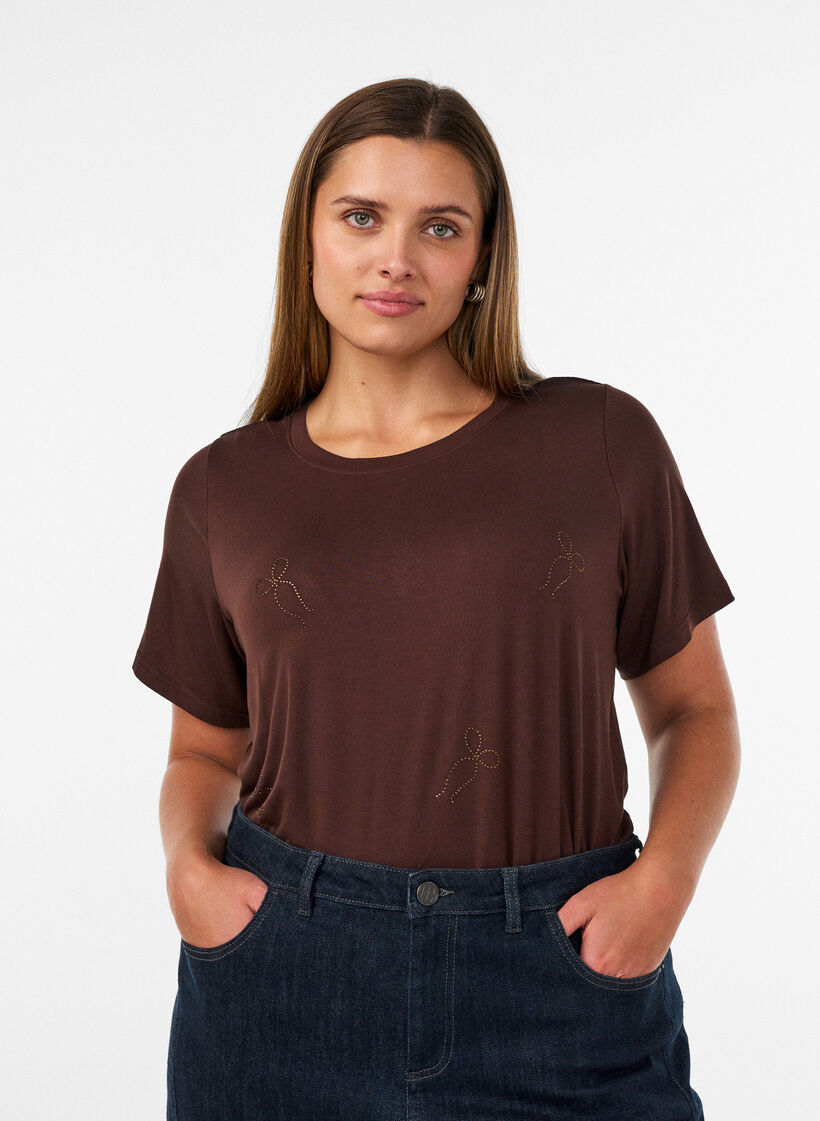 Viscose T-shirt with rhinestones, Brown, Model image number 0